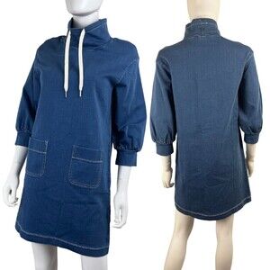 Madewell Women Size XXS Denim Sweatshirt Tunic Shift Mini Dress Funnel Neck Mod